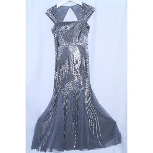 Beaded Evening Gown Retro Art Deco Design Silver & Gray Size Small